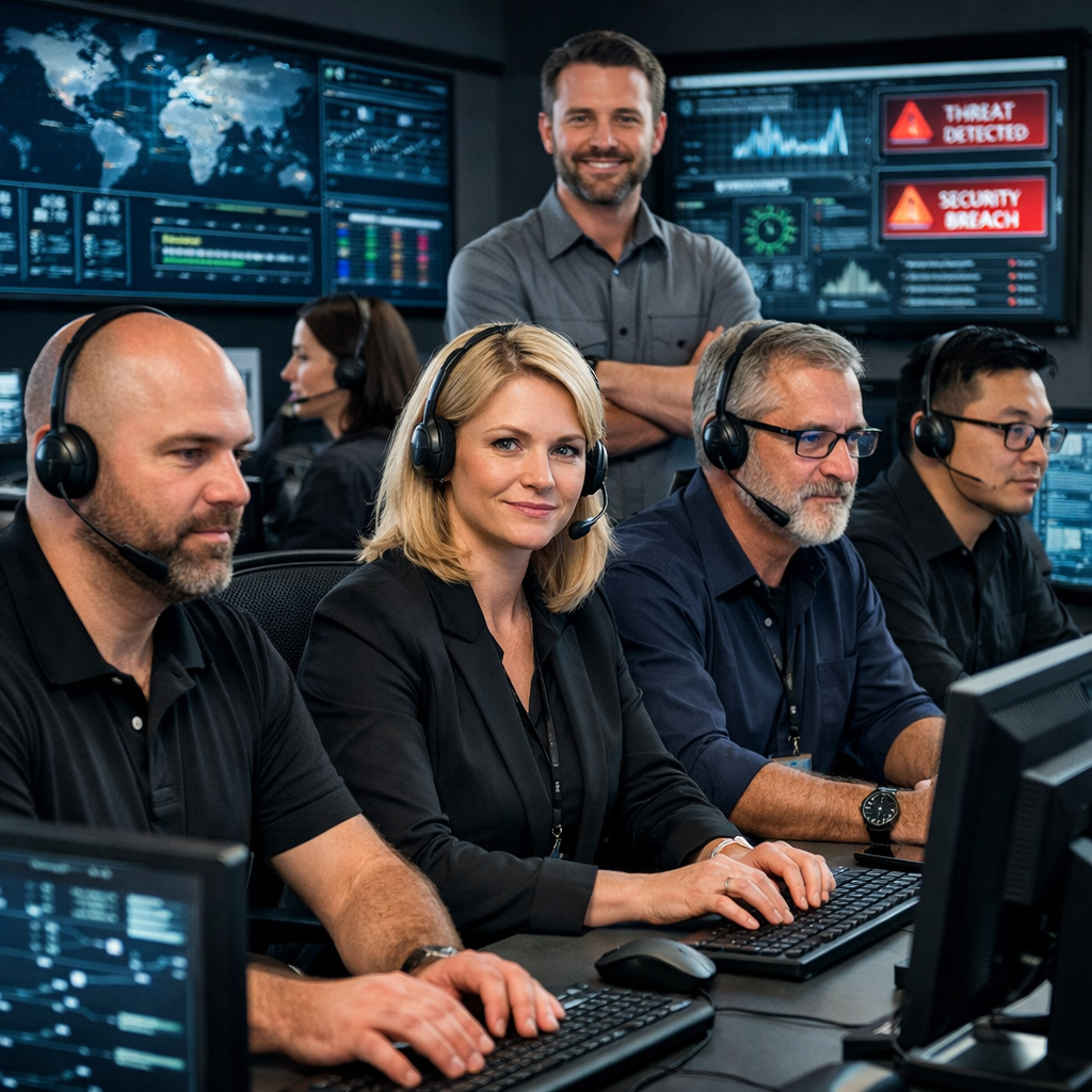 A team of experinced IT MSSP professionals in a call center ready to help and take action-1